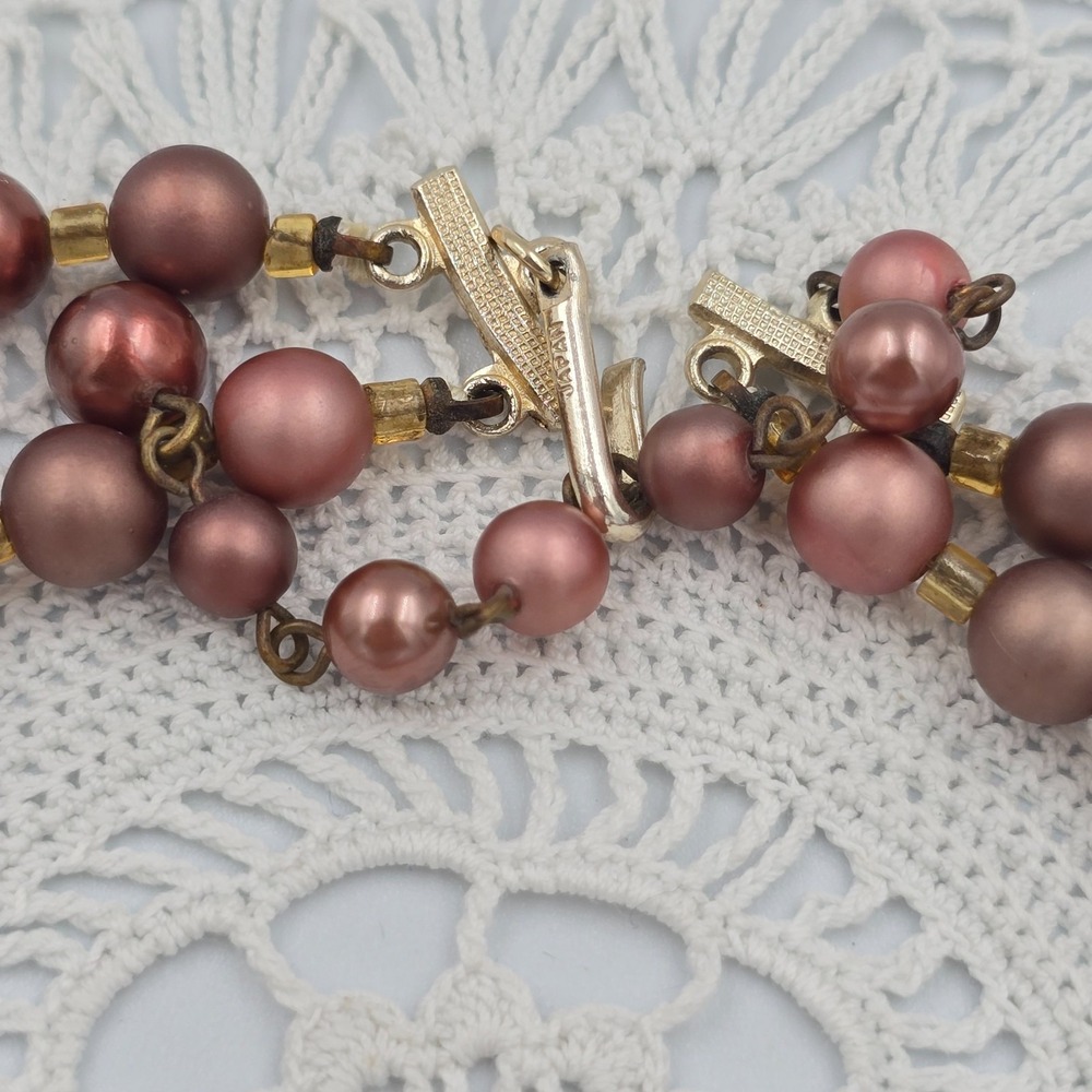 Vintage Japan Double Strand Necklace Faux Rose Pearl Filigree Cap Gold Tone 16 - Picture 7 of 7